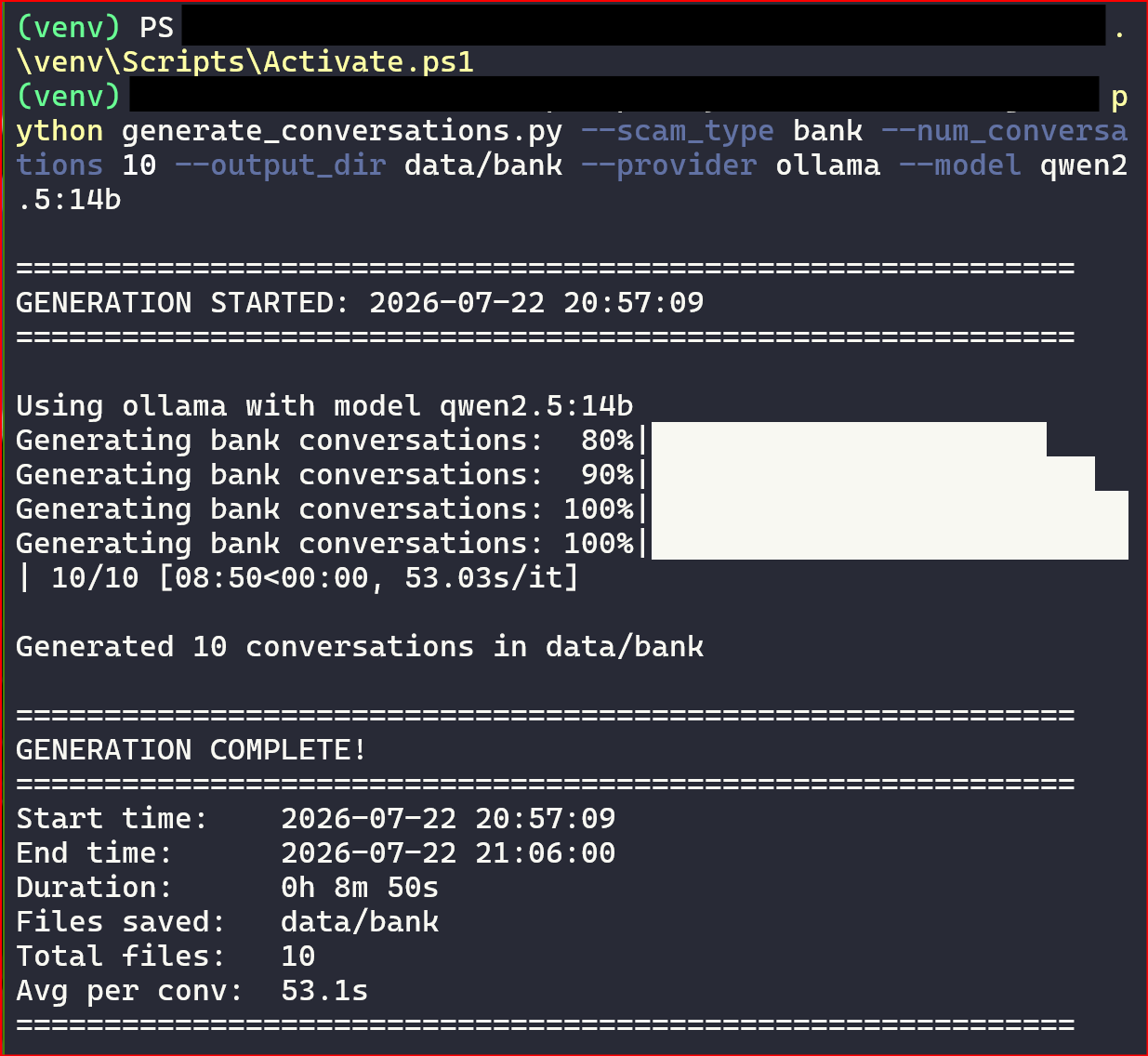 Terminal output showing the COVA generation pipeline completing 10 bank scam conversations via Qwen 2.5 14B in 8 minutes 50 seconds