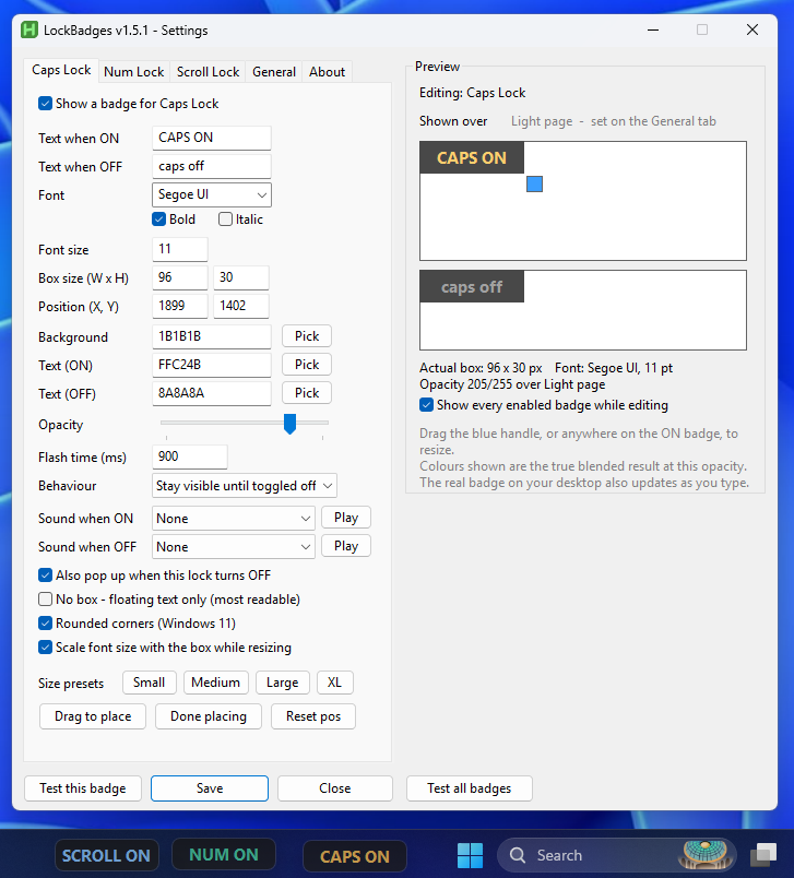 LockBadges settings window showing per-badge font, color, position, and behavior options, with three translucent badges placed on the Windows taskbar